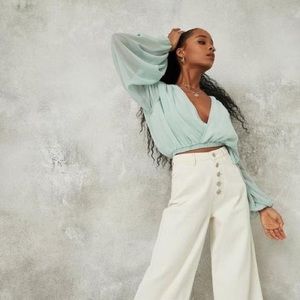 Misguided Sage Chiffon Balloon Sleeve Drape Front Plunge Neck Blouse Size 8